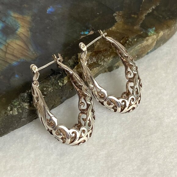 VTG Jezlaine Sterling Silver 925 Pierced Hinged Scrollwork Oval Hoop Earrings - Picture 4 of 16